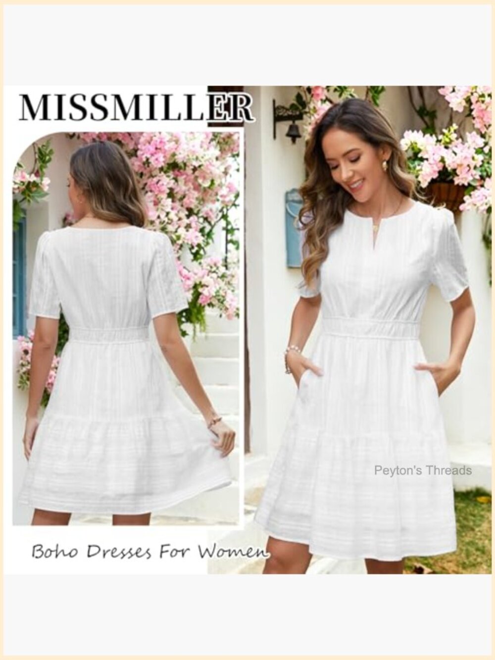 Summer Casual Mini Dress Short Sleeve V-Neck Flowy A-Line Boho Beach Dress with - Picture 4 of 7